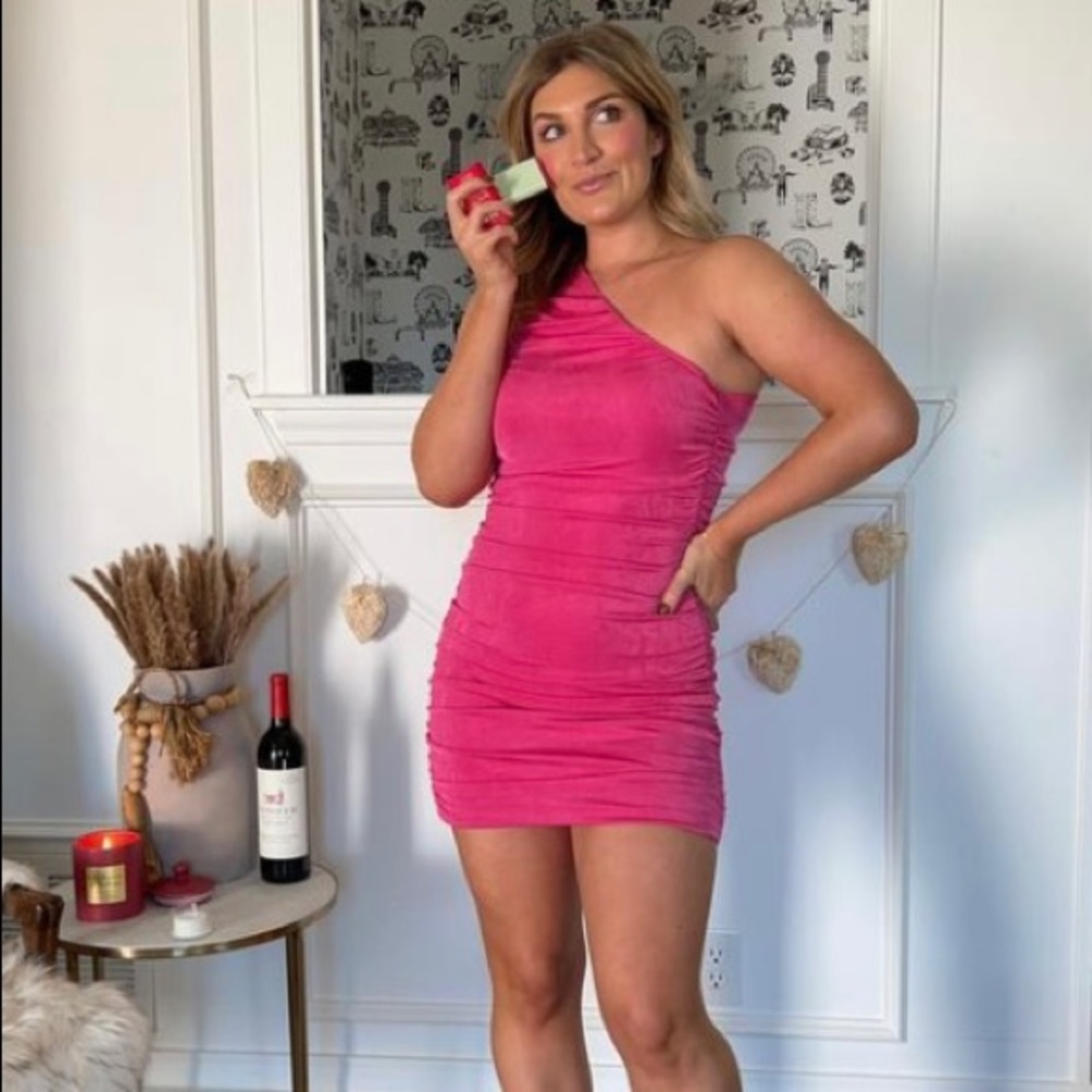one shoulder ruched mini dress